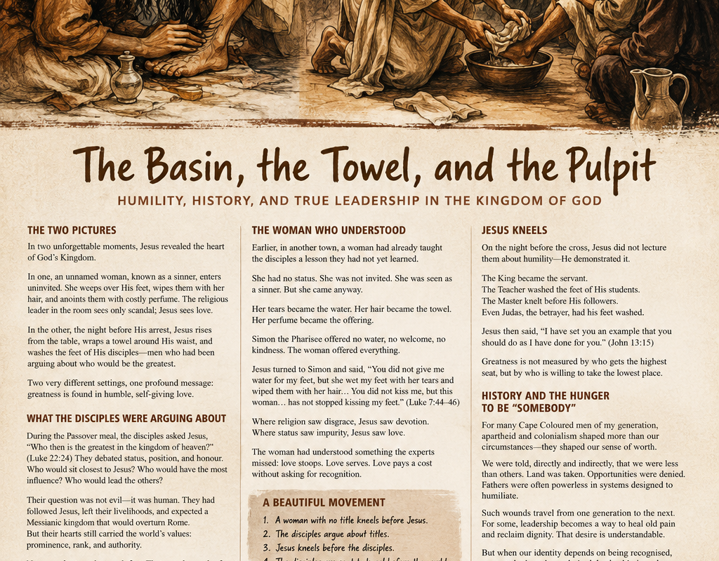 Infographic illustrating the essay The Basin, the Towel, and the Pulpit: Jesus washing the disciples' feet and the sinful woman anointing His feet, with key Scripture quotes