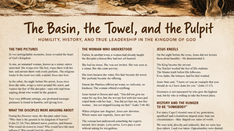 Infographic illustrating the essay The Basin, the Towel, and the Pulpit: Jesus washing the disciples' feet and the sinful woman anointing His feet, with key Scripture quotes