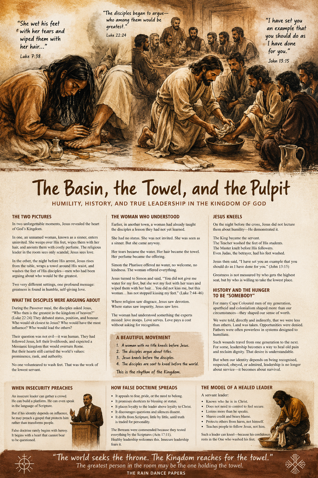 Infographic illustrating the essay The Basin, the Towel, and the Pulpit: Jesus washing the disciples' feet and the sinful woman anointing His feet, with key Scripture quotes